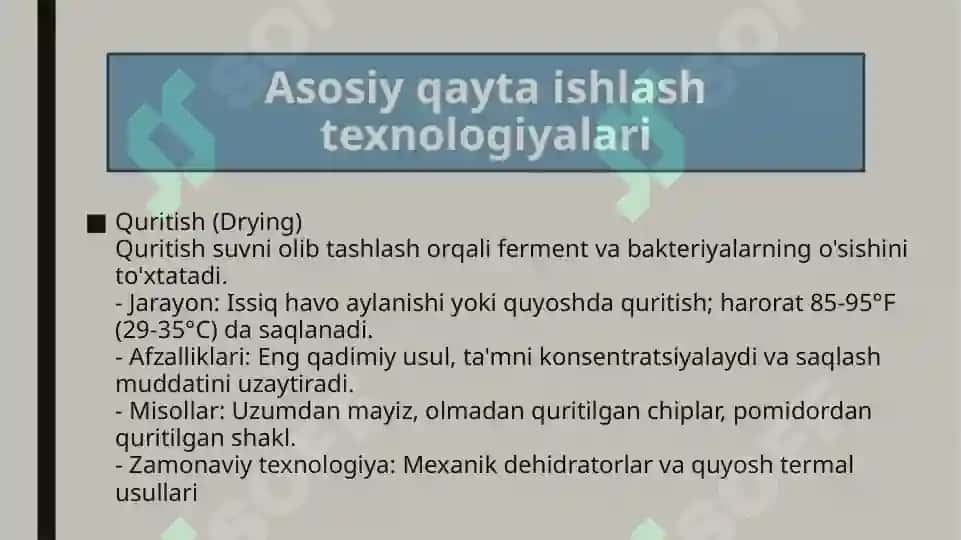 Sabzavot, mevalar va boshqa qishloq xo’jaligi mahsulotlarini qayta ishlash texnologiyalari 5