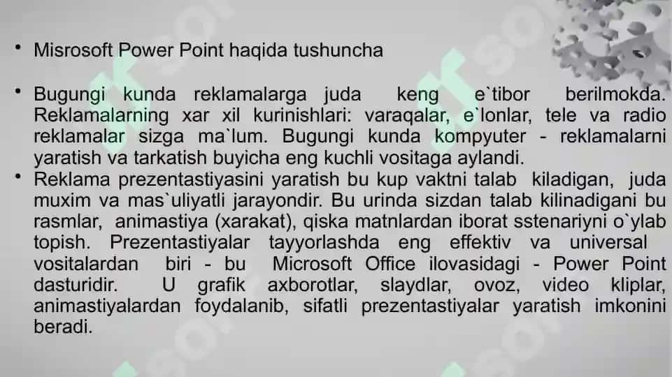 "Power Point dasturi yordamida har xil korinishdagi ma'lum bir mavzuga mos taqdimotlarni yaratish" 4