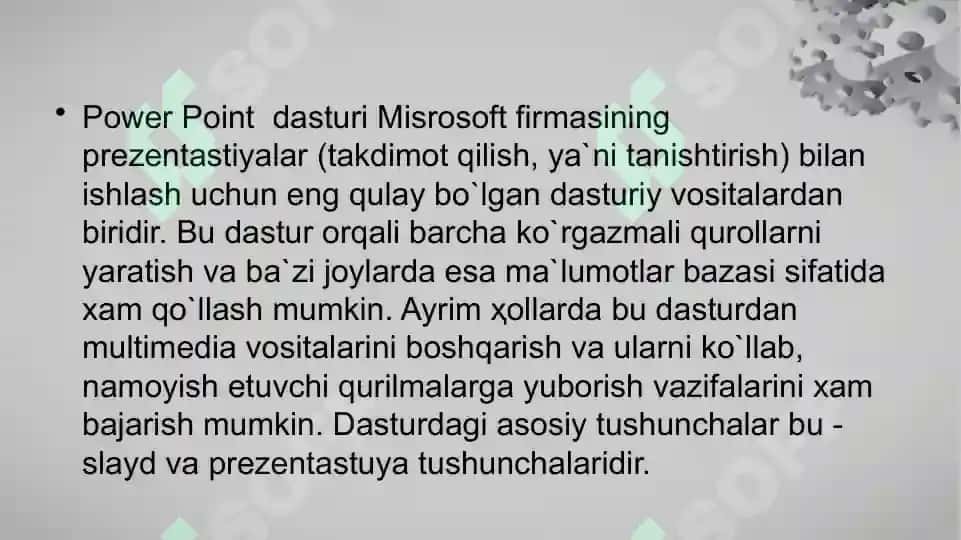 "Power Point dasturi yordamida har xil korinishdagi ma'lum bir mavzuga mos taqdimotlarni yaratish" 7