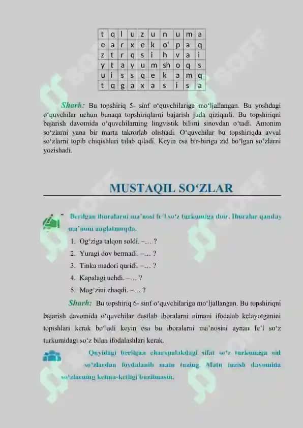 fonetika-talaffuz,fonetika - imlo, leksikalogiya, mustaqil so'zlar, yordamchi so'zlar, oraliqdagi so'zlar 7
