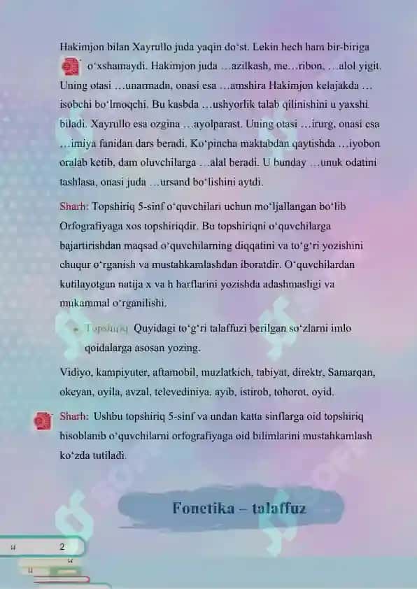 fonetika - imlo, fonetika - talaffuz, leksikologiya, mustaqil so'zlar, yordamchi so'zlar, oraliqdagi so'zlar 2