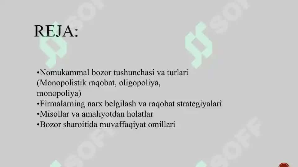Nomukammal bozorlarda firmalar faoliyati. 2