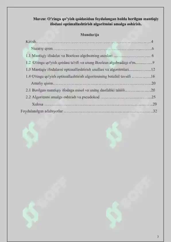 Oʼringa qoʼyish qoidasidan foydalangan holda berilgan mantiqiy ifodani optimallashtirish algoritmini amalga oshirish 3