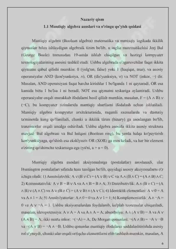 Oʼringa qoʼyish qoidasidan foydalangan holda berilgan mantiqiy ifodani optimallashtirish algoritmini amalga oshirish 6