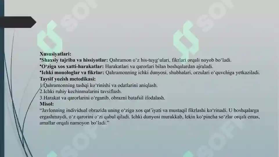 INDIVIDUAL OBRAZ, XARAKTER, TIPIK, OBRAZLAR BIR ASAR DOIRASIDA ANIQLASH VA TAVSIF YOZISH 4