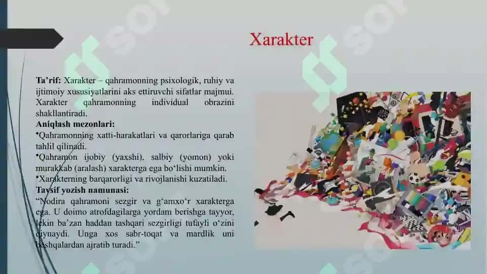INDIVIDUAL OBRAZ, XARAKTER, TIPIK, OBRAZLAR BIR ASAR DOIRASIDA ANIQLASH VA TAVSIF YOZISH 5