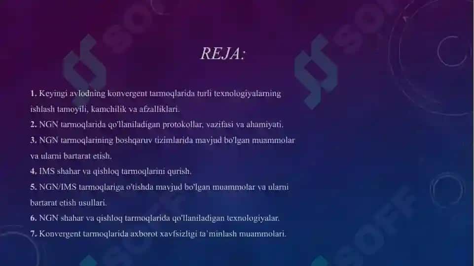 Keyingi avlodning konvergent tarmoqlarida turli texnologiyalarning ishlash tamoyili, kamchilik va afzalliklari. 2