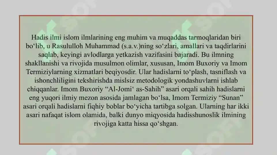 Imom Buxoriy va Imom Termiziyning hadis ilmiga qo‘shgan hissasini qiyosiy tahlili slayd 3