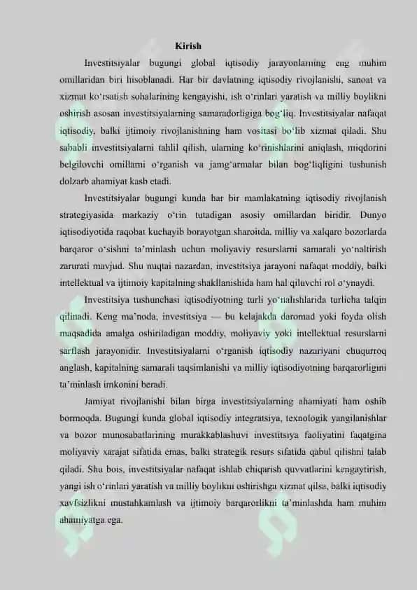 INVESTITSIYALARNING MOHIYATI, KO‘RINISHLARI VA ULAR MIQDORINI ANIQLOVCHI OMILLAR. INVESTITSIYA VA JAMG‘ARMALAR OʻRTASIDAGI BOG‘LIQLIK. 2