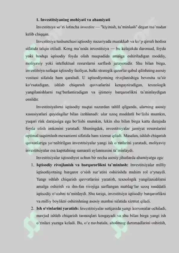 INVESTITSIYALARNING MOHIYATI, KO‘RINISHLARI VA ULAR MIQDORINI ANIQLOVCHI OMILLAR. INVESTITSIYA VA JAMG‘ARMALAR OʻRTASIDAGI BOG‘LIQLIK. 4
