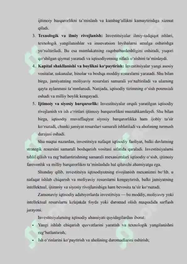 INVESTITSIYALARNING MOHIYATI, KO‘RINISHLARI VA ULAR MIQDORINI ANIQLOVCHI OMILLAR. INVESTITSIYA VA JAMG‘ARMALAR OʻRTASIDAGI BOG‘LIQLIK. 5