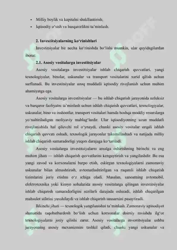 INVESTITSIYALARNING MOHIYATI, KO‘RINISHLARI VA ULAR MIQDORINI ANIQLOVCHI OMILLAR. INVESTITSIYA VA JAMG‘ARMALAR OʻRTASIDAGI BOG‘LIQLIK. 6