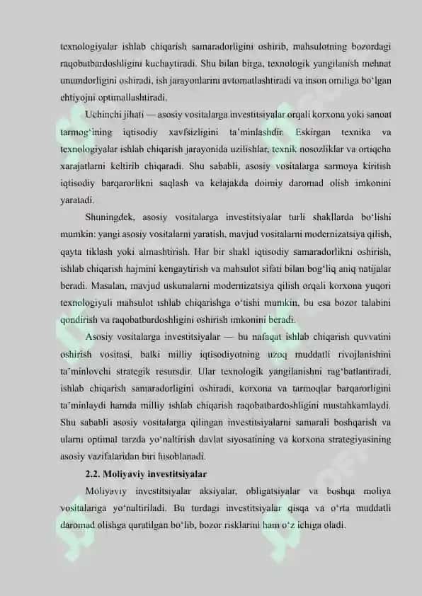 INVESTITSIYALARNING MOHIYATI, KO‘RINISHLARI VA ULAR MIQDORINI ANIQLOVCHI OMILLAR. INVESTITSIYA VA JAMG‘ARMALAR OʻRTASIDAGI BOG‘LIQLIK. 7