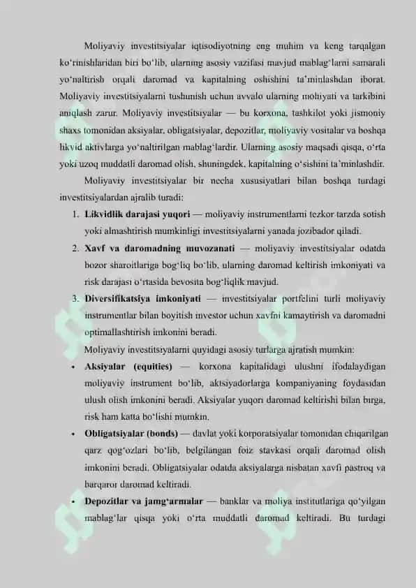 INVESTITSIYALARNING MOHIYATI, KO‘RINISHLARI VA ULAR MIQDORINI ANIQLOVCHI OMILLAR. INVESTITSIYA VA JAMG‘ARMALAR OʻRTASIDAGI BOG‘LIQLIK. 8
