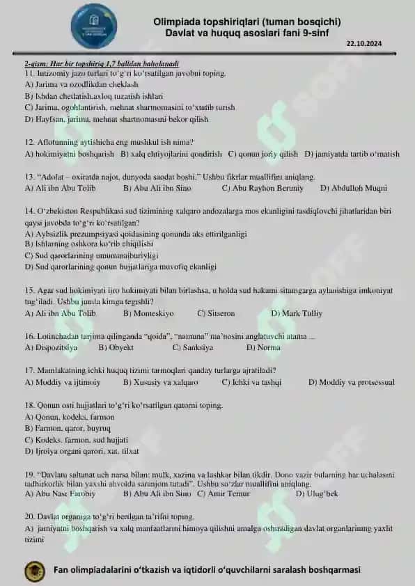 Olimpiada topshiriqlari (9-sinf Huquq tuman bosqichi 2024) 2