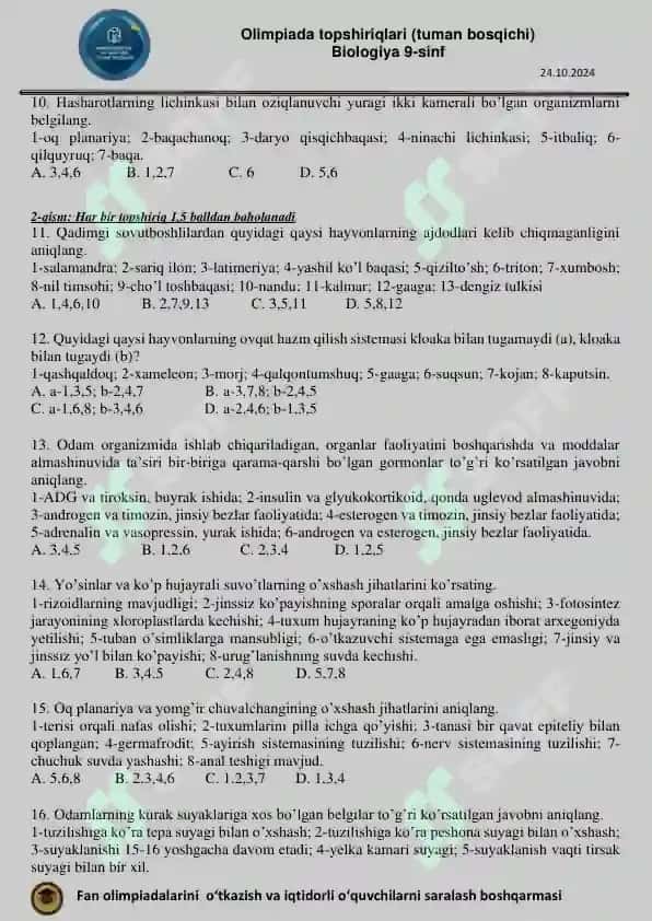 Olimpiada topshiriqlari (9-sinf Biologiya tuman bosqichi 2024) 2