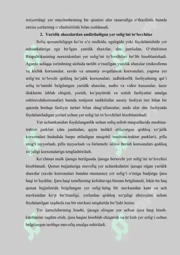 YURIDIK SHAXSLARDAN UNDIRILADIGAN YER SOLIG‘I.SOLIQ TO’LOVCHILAR SOLIQ SOLISH OBYEKTI VA SOLIQ BAZASI 3