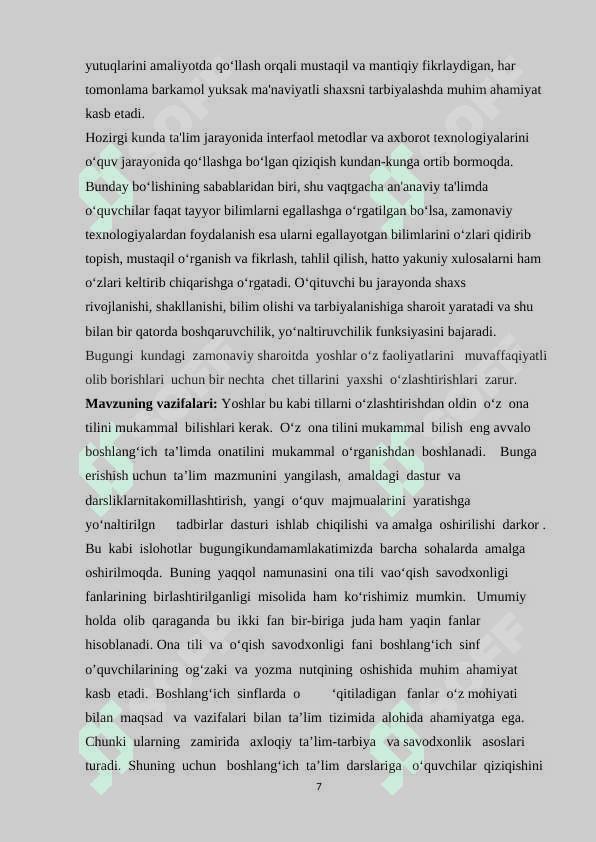 1-2 SINF O’QUVCHILARINING O’QISH MALAKALARINI TAKOMILLASHTIRISH 7