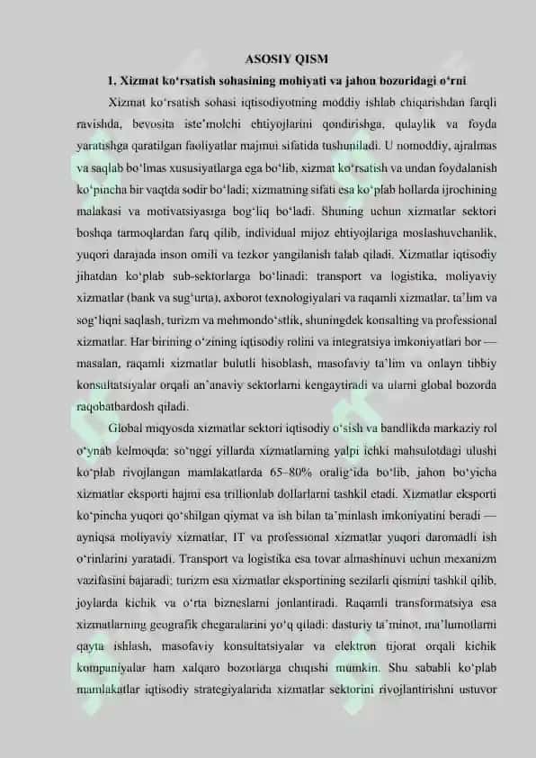 Xizmat koʻrsatishning jahon bozori. Oʻzbekistonda xizmatlar sohasini rivojlantirish istiqbollari 4