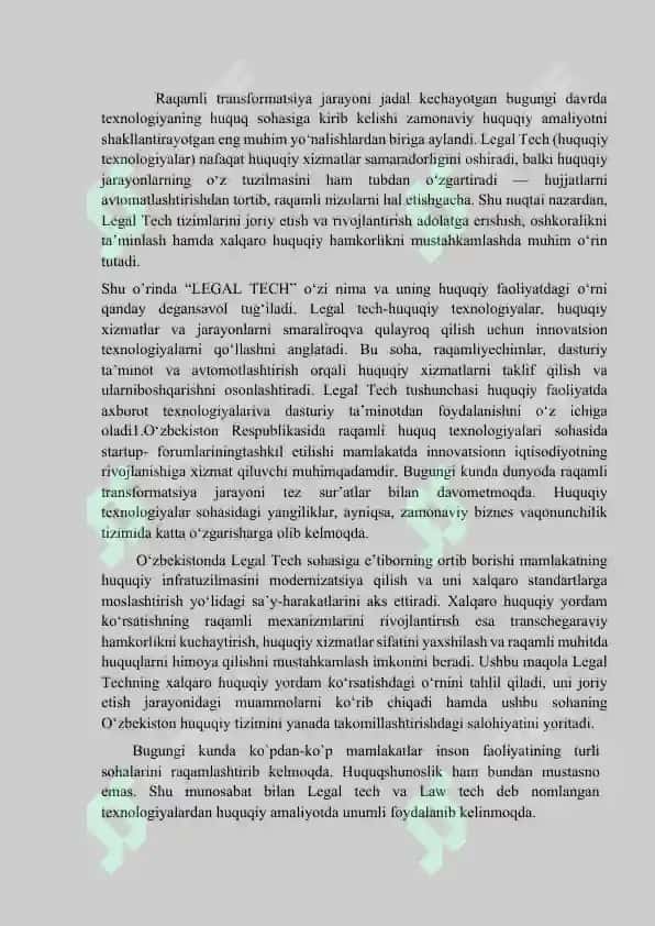 Legal Tech va xalqaro huquqiy yordam koʻrsatish jarayonlari 2