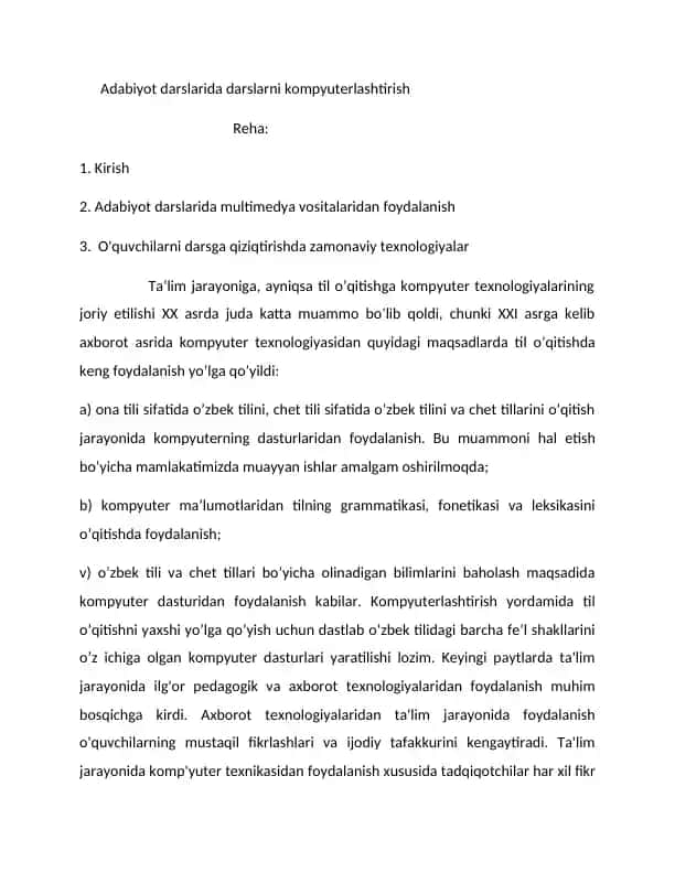 Adabiyot darslarida darslarni kompyuterlashtirish