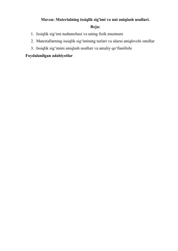 Materialning issiqlik sig'imi va uni aniqlash usullari