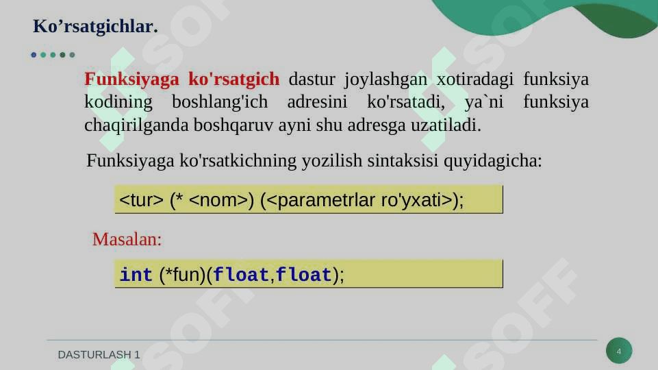 KO'RSATKICHLAR VA DINAMIK XOTIRA BILAN ISHLASH. DINAMIK XOTIRA. 4