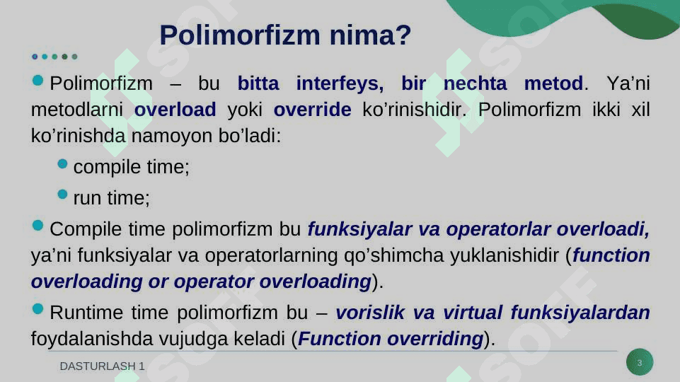 POLIMORFIZM VA UNING TURLARI. VIRTUAL FUNKSIYA. ABSTRAKT SINF VA FUNKSIYALAR. 3