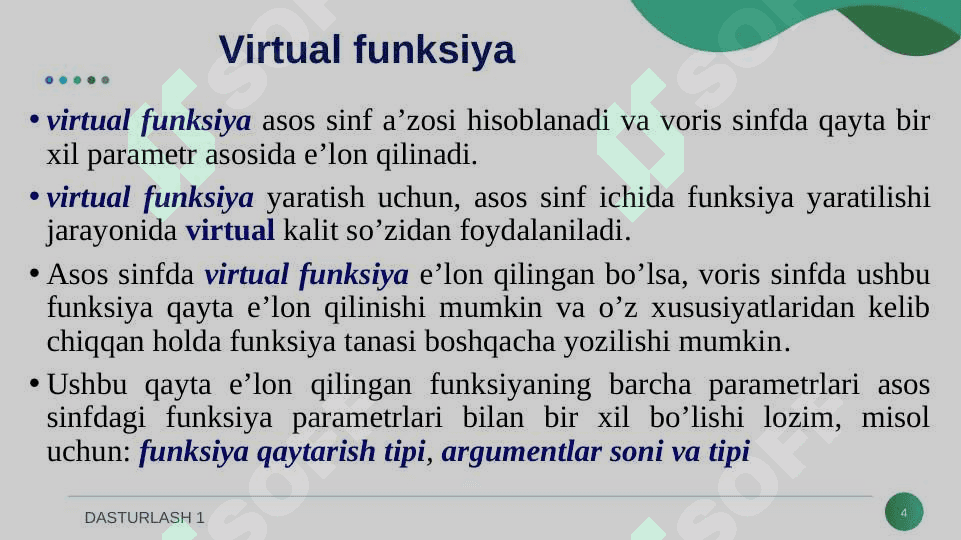 POLIMORFIZM VA UNING TURLARI. VIRTUAL FUNKSIYA. ABSTRAKT SINF VA FUNKSIYALAR. 4