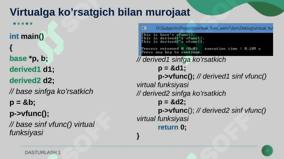 POLIMORFIZM VA UNING TURLARI. VIRTUAL FUNKSIYA. ABSTRAKT SINF VA FUNKSIYALAR. 7
