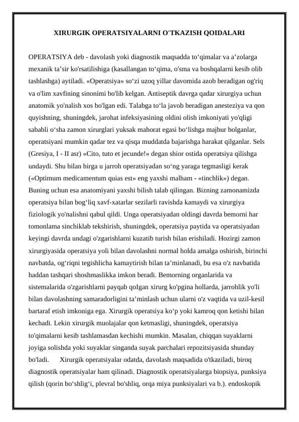 XIRURGIK OPERATSIYALARNI O'TKAZISH QOIDALARI 1