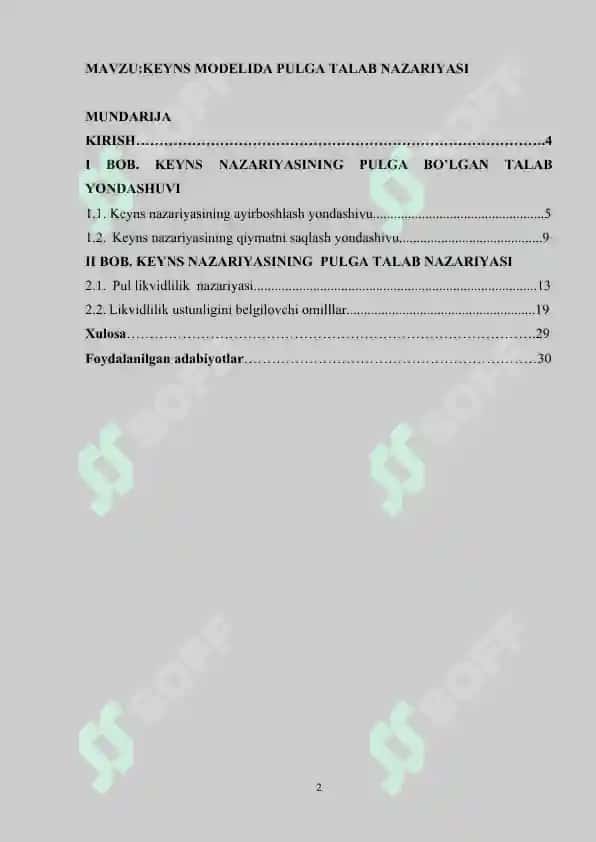 Keyns modelida pulga talab nazariyasi. 2