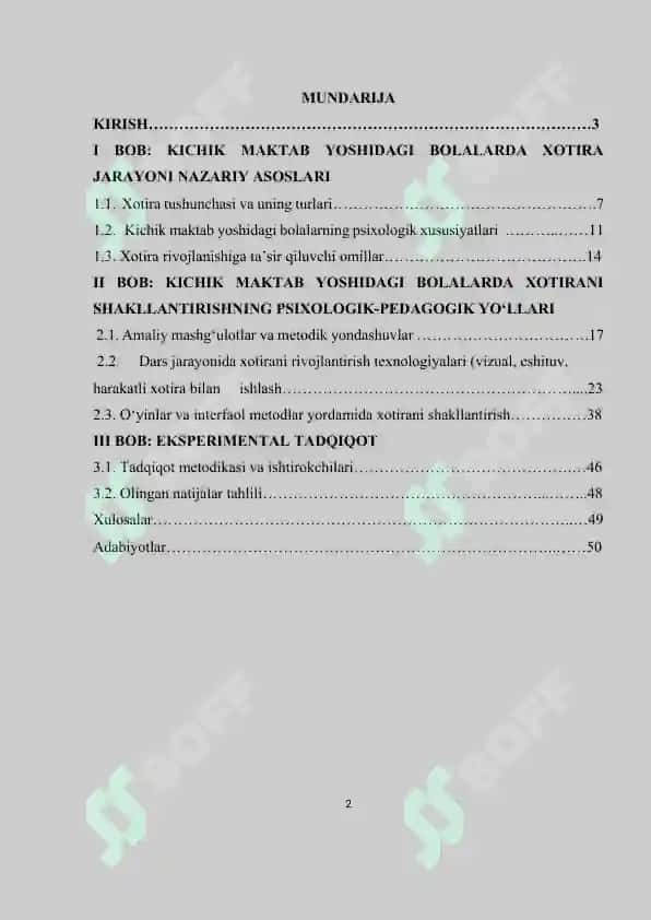 KICHIK MAKTAB YOSHIDAGI BOLALARDA XOTIRA JARAYONINI SHAKLLANTIRISHNING O’ZIGA XOS XUSUSIYATLARI.docx 2