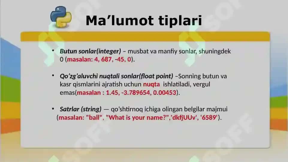 Identifikatorlar, literallar, o’zgaruvchilar va berilganlar turlari. Arifmetik va mantiqiy amallar 3