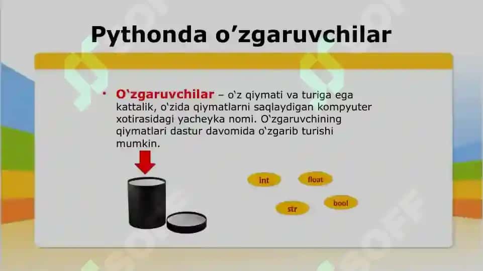 Identifikatorlar, literallar, o’zgaruvchilar va berilganlar turlari. Arifmetik va mantiqiy amallar 7