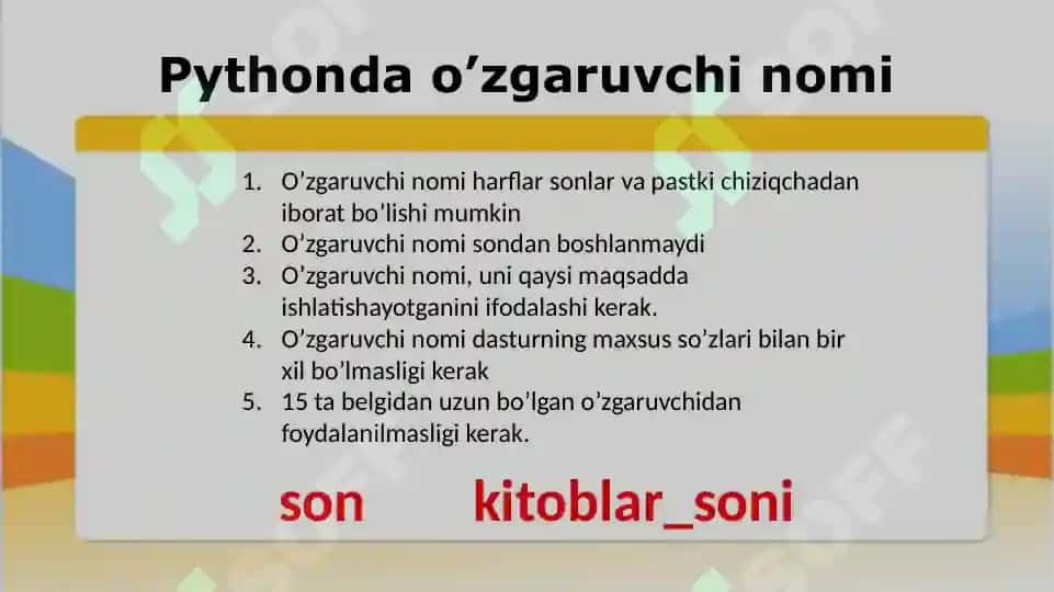 Identifikatorlar, literallar, o’zgaruvchilar va berilganlar turlari. Arifmetik va mantiqiy amallar 8