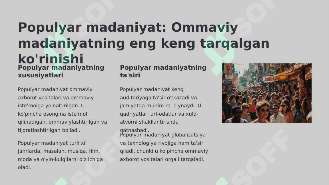 OMMAVIY MADANIYATNING SHAKLLANISH TARIXI VA UNING TURLARI: AKSIL MADANIYAT SUB MADANIYAT POPULYAR MADANIYAT EKRAN MADANIYATI VA REKLAMALAR 7