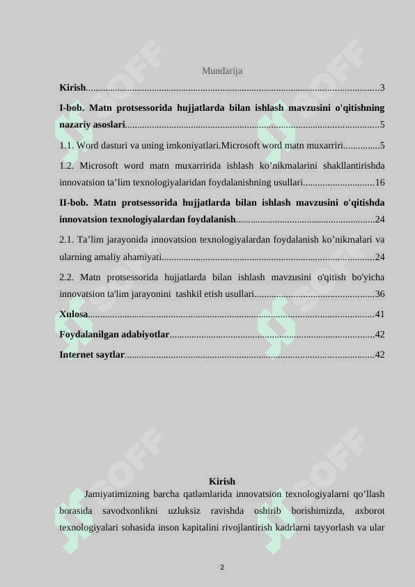 Matn protsessorida hujjatlarda bilan ishlash mavzusini o'qitishda innovatsion texnologiyalardan foydalanish 2