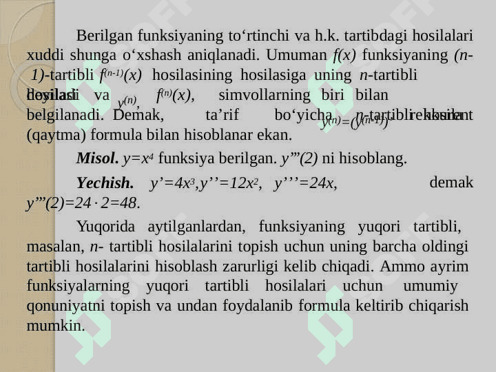 FUNKSIYANING YUQORI TARTIBLI HOSILASI VA DIFFERENSIALLARI 3