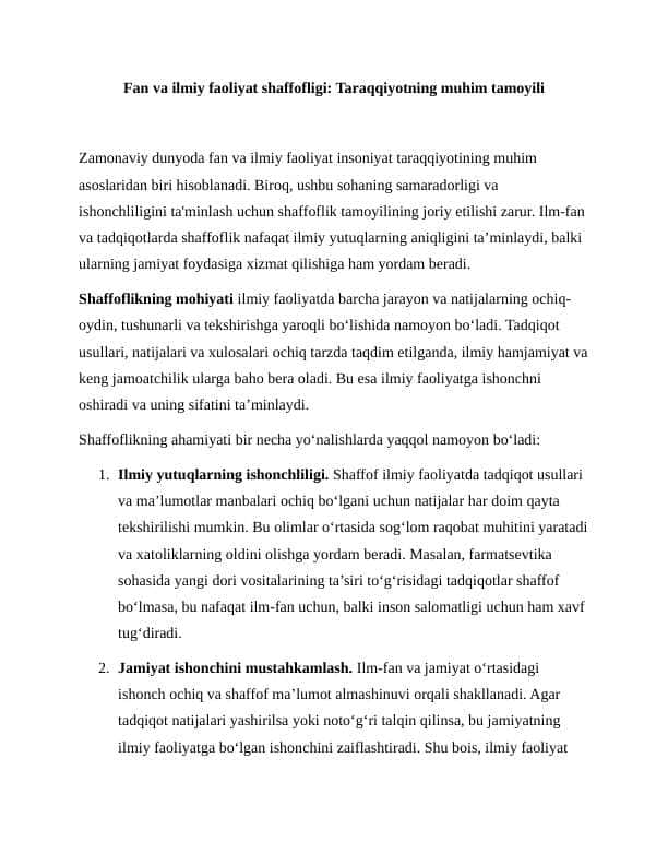 Fan va ilmiy faoliyat shaffofligi ( Taraqqiyotning muhim tamoyili ) Esse