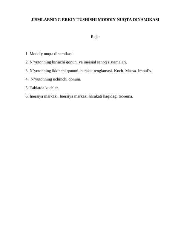 JISMLARNING ERKIN TUSHISHI MODDIY NUQTA DINAMIKASI