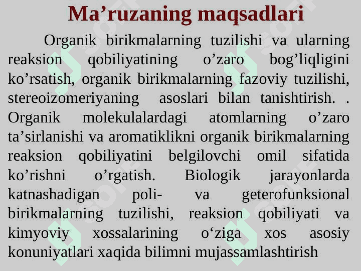 Organik kimyoga kirish. Organik birikmalar. Mono-, poli-, geterofunksional birikmalar. Tuzilishi va hossalari 2
