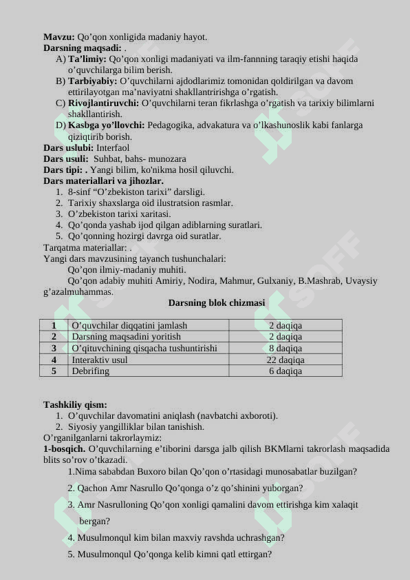 “Qo’qon xonligida madaniy hayot” 2