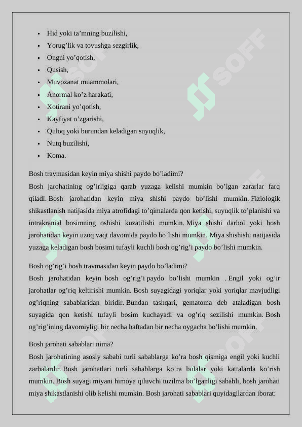 Bosh miya jarohatlarining kelib chiqish sabablari va asoratlari   24 4