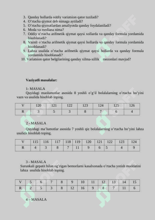O’rtacha miqdorlar, turlari,hisoblash usullari, tibbiyotda qo’llanilishi 6