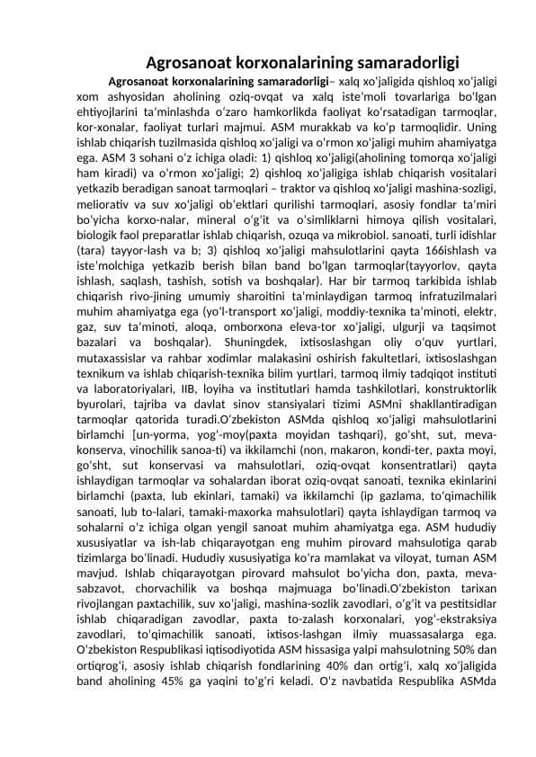 Agrosanoat korxonalarining samaradorligi