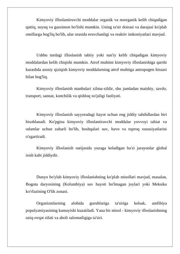 KIMYOVIY MODDALAR BILAN IFLOSLANISH