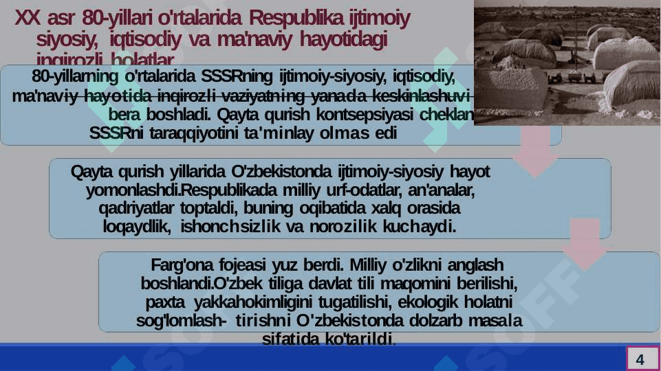 Mustaqillikka erishish arafasida O’zbekistondagi	ijtimoiy-siyosiy jarayonlar 4