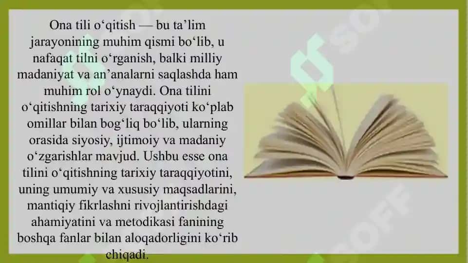 Ona tilini o‘qitishning tarixiy taraqqiyoti. Ona tili ta’limining umumiy va xususiy maqsadlari. Ona tili o‘qitishda mantiqiy fikrlash. Ona tili o‘qitish metodikasi fanining boshqa sonlar bilan aloqa 2