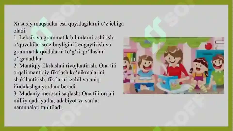 Ona tilini o‘qitishning tarixiy taraqqiyoti. Ona tili ta’limining umumiy va xususiy maqsadlari. Ona tili o‘qitishda mantiqiy fikrlash. Ona tili o‘qitish metodikasi fanining boshqa sonlar bilan aloqa 4